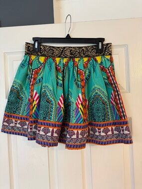 EUC Flying Tomato Boho Teal Printed Mini Skirt